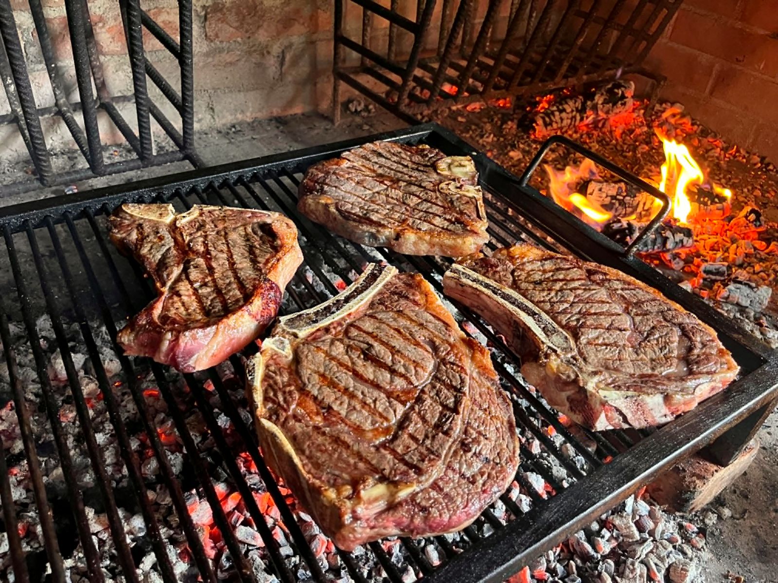 Vier T-Bone-Steaks auf dem Rost über Glut in gemauerter Feuerstelle