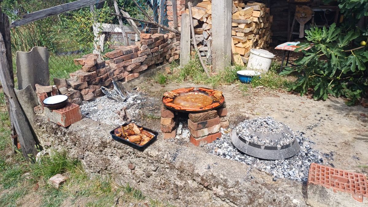 Zidano ognjište u vrtu po danjem svjetlu, iza njega složena drva